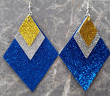 Blue Glitter FAUX Leather Diamond Shaped Earrings with Silver and Gold Glitter FAUX Leather Diamond Shaped Overlays
