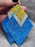 Blue Glitter FAUX Leather Diamond Shaped Earrings with Silver and Gold Glitter FAUX Leather Diamond Shaped Overlays
