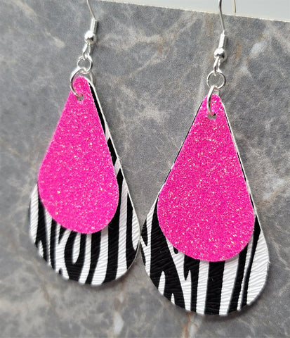 Zebra Stripes Teardrop and Hot Pink Glitter Teardrop Shaped FAUX Leather Earrings