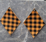 Orange and Black Plaid Diamond Shaped FAUX Leather Earrings
