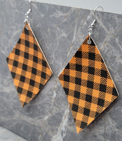 Orange and Black Plaid Diamond Shaped FAUX Leather Earrings