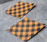 Orange and Black Plaid Diamond Shaped FAUX Leather Earrings