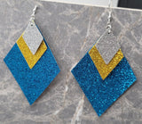 Aqua Blue Glitter FAUX Leather Diamond Shaped Earrings with Gold and Silver Glitter FAUX Leather Diamond Shaped Overlays