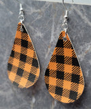 Orange and Black Buffalo Plaid Teardrop Shaped FAUX Leather Earrings