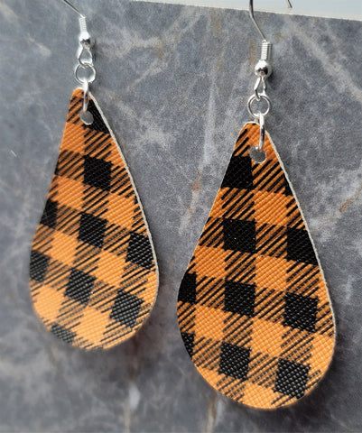 Orange and Black Buffalo Plaid Teardrop Shaped FAUX Leather Earrings