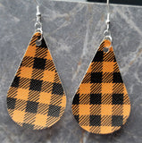 Orange and Black Buffalo Plaid Teardrop Shaped FAUX Leather Earrings