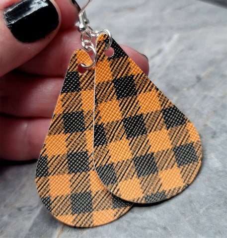 Orange and Black Plaid Teardrop Shaped FAUX Leather Earrings