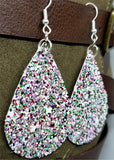 Chunky Red, Green and White Glitter Very Sparkly FAUX Leather Teardrop Earrings