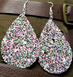 Chunky Red, Green and White Glitter Very Sparkly FAUX Leather Teardrop Earrings