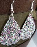 Chunky Red, Green and White Glitter Very Sparkly FAUX Leather Teardrop Earrings