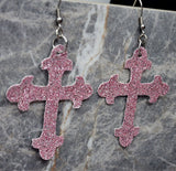 Pink Fine Glitter FAUX Leather Cross Earrings