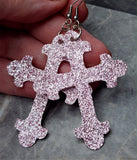 Pink Fine Glitter FAUX Leather Cross Earrings
