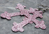 Pink Fine Glitter FAUX Leather Cross Earrings