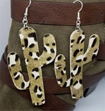 Large Cactus Shaped Metallic Leopard Print Cork Earrings