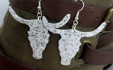 White with Silver Glitter Very Sparkly Double Sided FAUX Leather Longhorn Skull Earrings