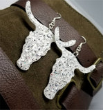 White with Silver Glitter Very Sparkly Double Sided FAUX Leather Longhorn Skull Earrings