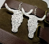 White with Silver Glitter Very Sparkly Double Sided FAUX Leather Longhorn Skull Earrings