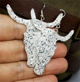 White with Silver Glitter Very Sparkly Double Sided FAUX Leather Longhorn Skull Earrings