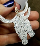 White with Silver Glitter Very Sparkly Double Sided FAUX Leather Longhorn Skull Earrings