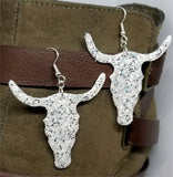 White with Silver Glitter Very Sparkly Double Sided FAUX Leather Longhorn Skull Earrings