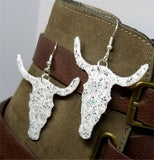 White with Silver Glitter Very Sparkly Double Sided FAUX Leather Longhorn Skull Earrings