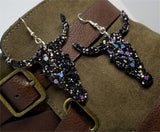 Black and AB Glitter Very Sparkly Double Sided FAUX Leather Longhorn Skull Earrings