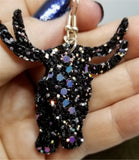 Black and AB Glitter Very Sparkly Double Sided FAUX Leather Longhorn Skull Earrings