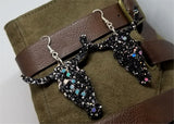Black and AB Glitter Very Sparkly Double Sided FAUX Leather Longhorn Skull Earrings
