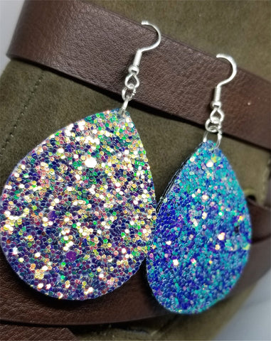 Mermaid Color Shifting Glitter Very Sparkly Double Sided FAUX Leather Teardrop Earrings