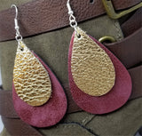 Worn Red Tear Drop Shaped FAUX Leather Earrings with Gold Metallic REAL Leather Teardrop Overlay