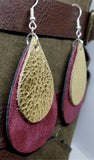 Worn Red Tear Drop Shaped FAUX Leather Earrings with Gold Metallic REAL Leather Teardrop Overlay