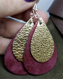 Worn Red Tear Drop Shaped FAUX Leather Earrings with Gold Metallic REAL Leather Teardrop Overlay
