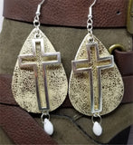 Worn Gold Faux Leather Earrings with Silver Cross and White Alabaster Briolette Crystal Dangles