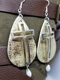 Worn Gold Faux Leather Earrings with Silver Cross and White Alabaster Briolette Crystal Dangles