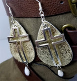Worn Gold Faux Leather Earrings with Silver Cross and White Alabaster Briolette Crystal Dangles