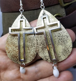 Worn Gold Faux Leather Earrings with Silver Cross and White Alabaster Briolette Crystal Dangles