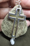 Worn Gold Faux Leather Earrings with Silver Cross and White Alabaster Briolette Crystal Dangles