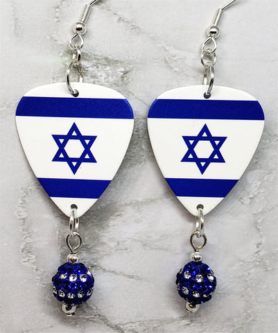 Israeli Flag Guitar Pick Earrings with Blue and White Striped Pave Bead Dangles