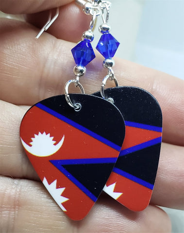 Nepali Flag Guitar Pick Earrings with Blue Swarovski Crystals