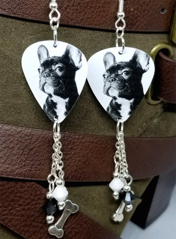 French Bulldog Guitar Pick Earrings with Silver Bone Charm and Swarovski Crystal Dangles