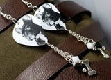 French Bulldog Guitar Pick Earrings with Silver Bone Charm and Swarovski Crystal Dangles
