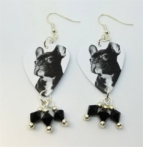 French Bulldog Guitar Pick Earrings with Black Swarovski Crystal Dangles