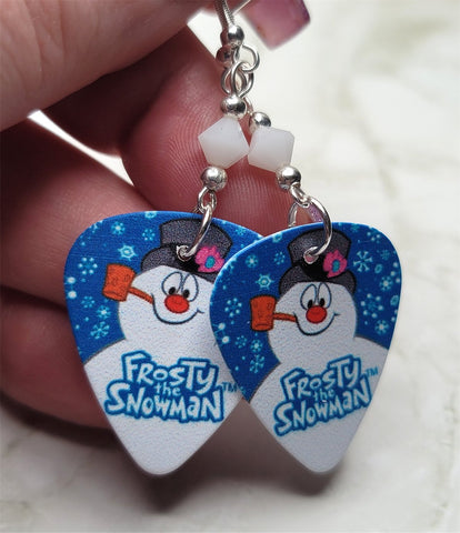 Frosty the Snowman Guitar Pick Earrings with White Alabaster Swarovski Crystals