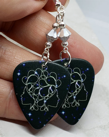 Horoscope Astrological Sign Gemini Guitar Pick Earrings with Metallic Silver Swarovski Crystals