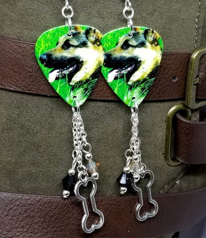 German Shepherd Guitar Pick Earrings with Dog Bone Charm and Swarovski Crystal Dangles
