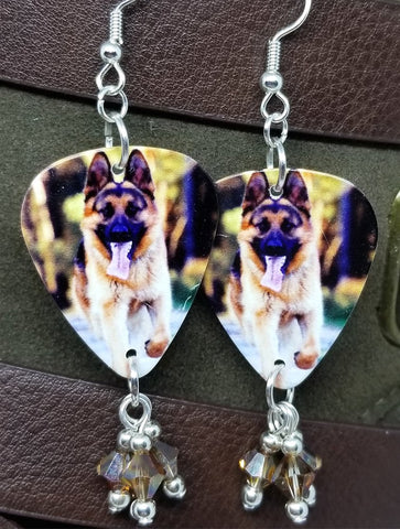 German Shepherd Guitar Pick Earrings with Brown Swarovski Crystal Dangles