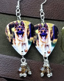 German Shepherd Guitar Pick Earrings with Brown Swarovski Crystal Dangles