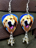 Golden Retriever Guitar Pick Earrings with Silk Swarovski Crystal Dangles