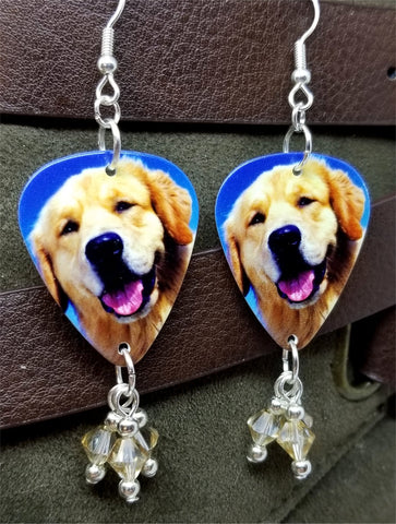 Golden Retriever Guitar Pick Earrings with Silk Swarovski Crystal Dangles