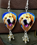 Golden Retriever Guitar Pick Earrings with Silk Swarovski Crystal Dangles
